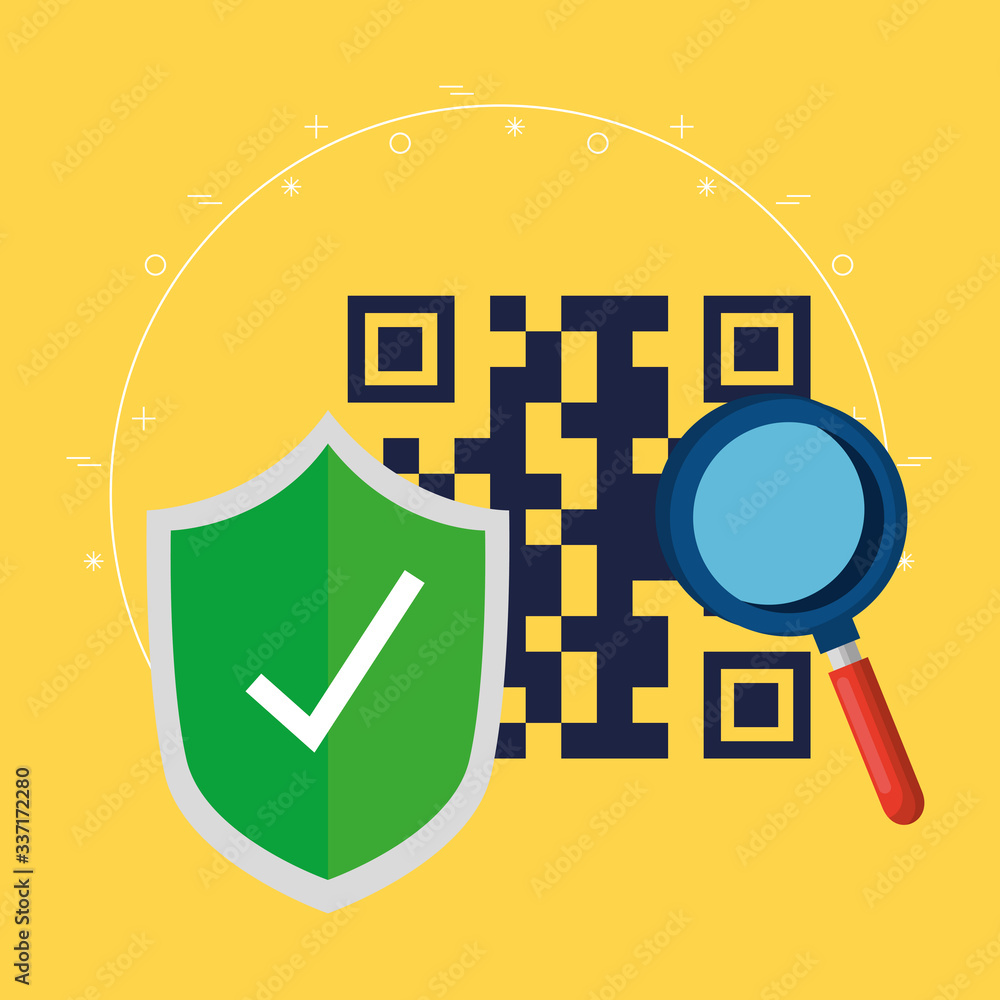 Poster qr code shield and lupe design of technology scan information business price communication barcode d