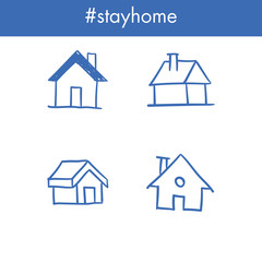 House doodle icons. Graphic design elements for stay at home campaign. Hand drawn illustrations.