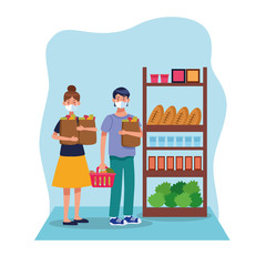 couple shopping in supermarket with face mask