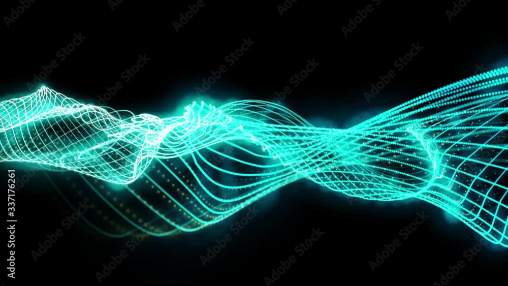 Poster abstract blue waves motion is waving dots texture with glowing defocused particles at black backgrou