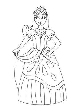 Coloring book for adults and children with a princess or queen from a fairy tale. A beautiful girl stands and smiles. Beautiful ball gown, crown. Coloring Series. Magic coloring page for creativity