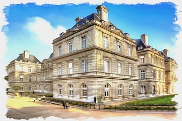 Luxembourg Palace. French Senate. Imitation of a picture. Oil paint. Illustration - obrazy, fototapety, plakaty