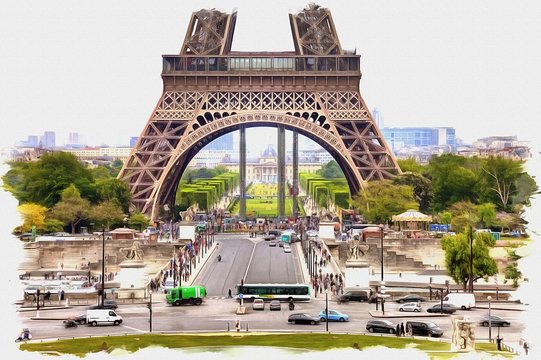 Paris. Eiffel tower. Imitation of a picture. Oil paint. Illustration