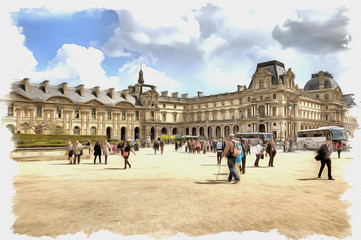 Obraz premium Paris. Louvre art gallery. Imitation of a picture. Oil paint. Illustration