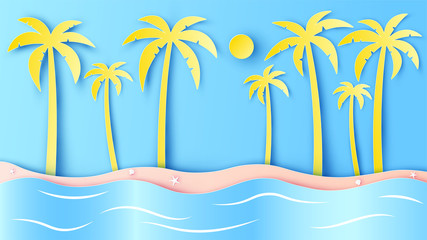 Fototapeta na wymiar Illustration of sea beach scenery with coconut trees. Graphic design for summer. Summer time. paper cut and craft style. vector, illustration.