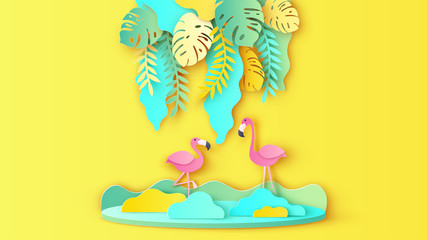 Illustration of flamingo bird couple standing on a circular base decorated with nature background and tropical leaves hanging down. paper cut and craft style. vector, illustration.