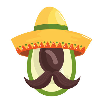 Mexican avocado with hat and mustache design, Mexico culture tourism landmark latin and party theme Vector illustration