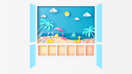 Looking out from door at balcony to summer sea view with water play equipment placed on the beach. paper cut and craft style. vector, illustration.