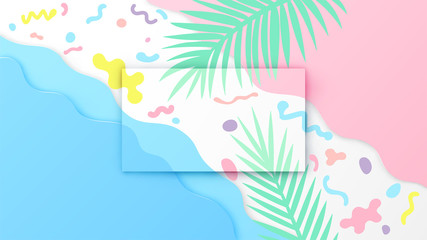 Rectangle frame template for summer decorated with sea waves, coconut leaves, colorful doodle and blank space. Modern tropical summer frame background. Paper cut and craft style. vector, illustration.