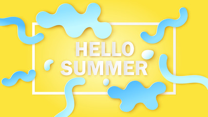 Hello Summer text decorated with sea curves and sea water drop. Hello Summer template. paper cut and craft style. vector, illustration.