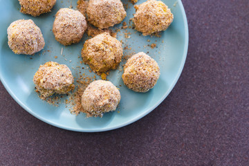 plant-based food,  vegan risotto arancini balls before been deep fried