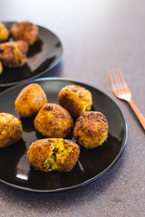 plant-based food, deep fried risotto arancini balls with vegan cheese filling