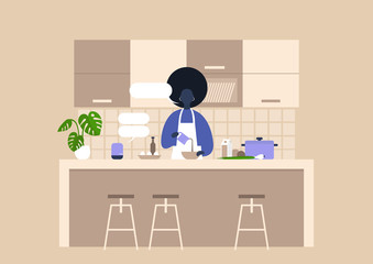 Young black female character cooking food at the kitchen, healthy lifestyle, culinary blog, home assistant help, smart house