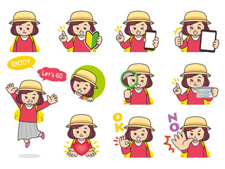 若い女性バリエーション　初心者マーク　スマートフォン　タブレット　虫眼鏡　クレジットカード　ハート　OK　NO