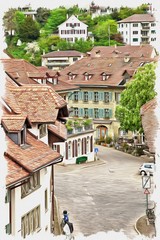 Switzerland, Berne city. Imitation of a picture. Oil paint. Illustration