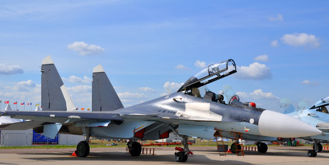 The military fighter on airshow - obrazy, fototapety, plakaty