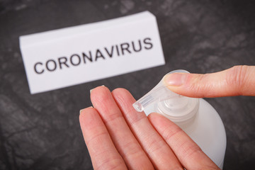 Hands using alcohol disinfectant or soap. Coronavirus covid-19 protection measures. Novel Chinese coronavirus outbreak. 2019-nCoV