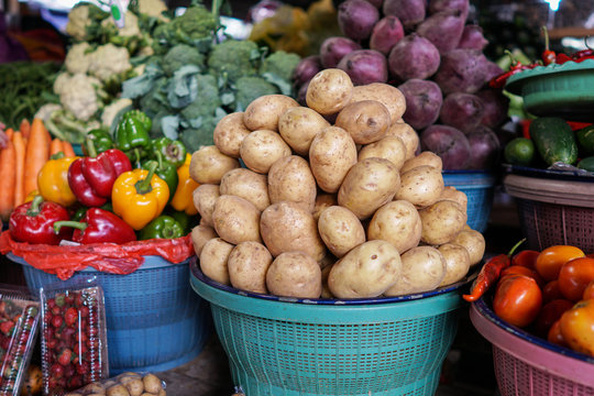 Vegetables on the basket neatly at a market