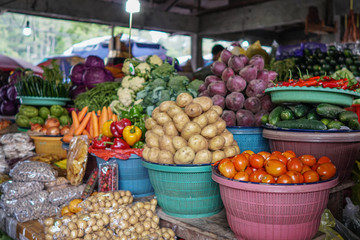 Variety of colorful vegetables and fresh at a market stall