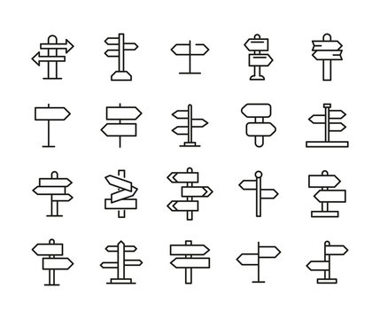 Simple Set Of Sign Post Icons In Trendy Line Style.