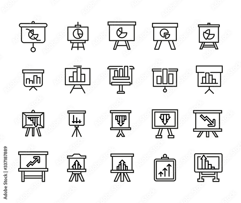 Poster vector line icons collection of statistics.