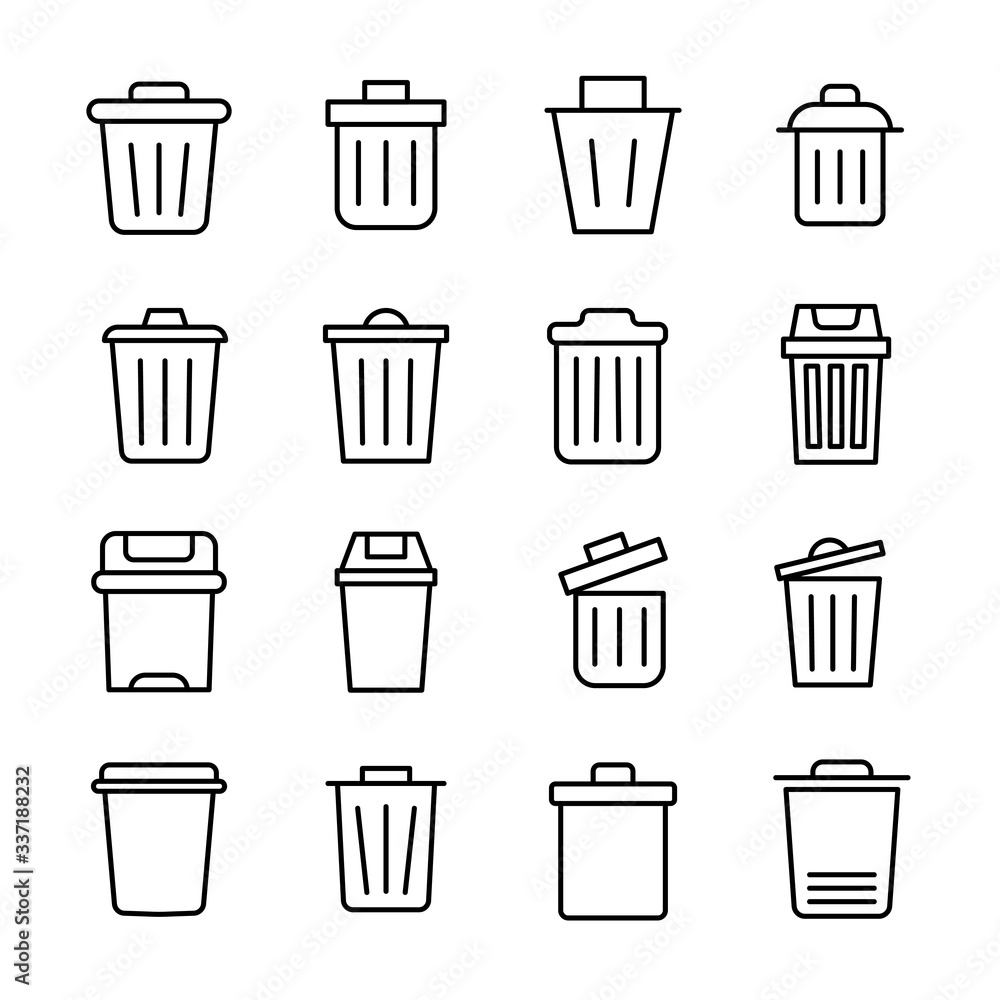Poster simple set of trash can icons in trendy line style.