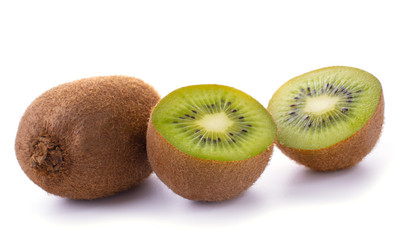 Kiwi fruit with pieces isolated on a white background, close-up.