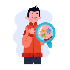 Young Man or Boy or Male or Person or Character With Germs Bacteria Virus In Hands. Flat Design. Illustration Concept. Isolated. Vector. EPS 10