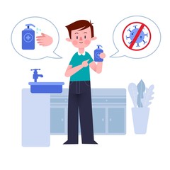 Young Man or Boy or Male or Person or Character with Soap or Antiseptic or Hand Sanitizer at Home. Flat Design. Illustration Concept. Isolated. Vector. EPS 10