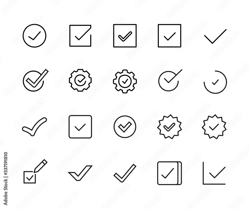 Poster stroke line icons set of check.