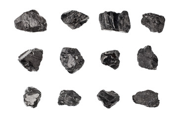 Black coal stones set on white background isolated close up, natural charcoal pieces collection,...