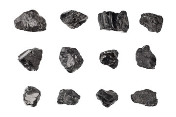 Black coal stones set on white background isolated close up, natural charcoal pieces collection, anthracite rock texture, raw coal mine nuggets, group of embers, graphite samples, mineral fossil fuel