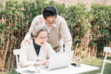 Asian aged couple using a laptop