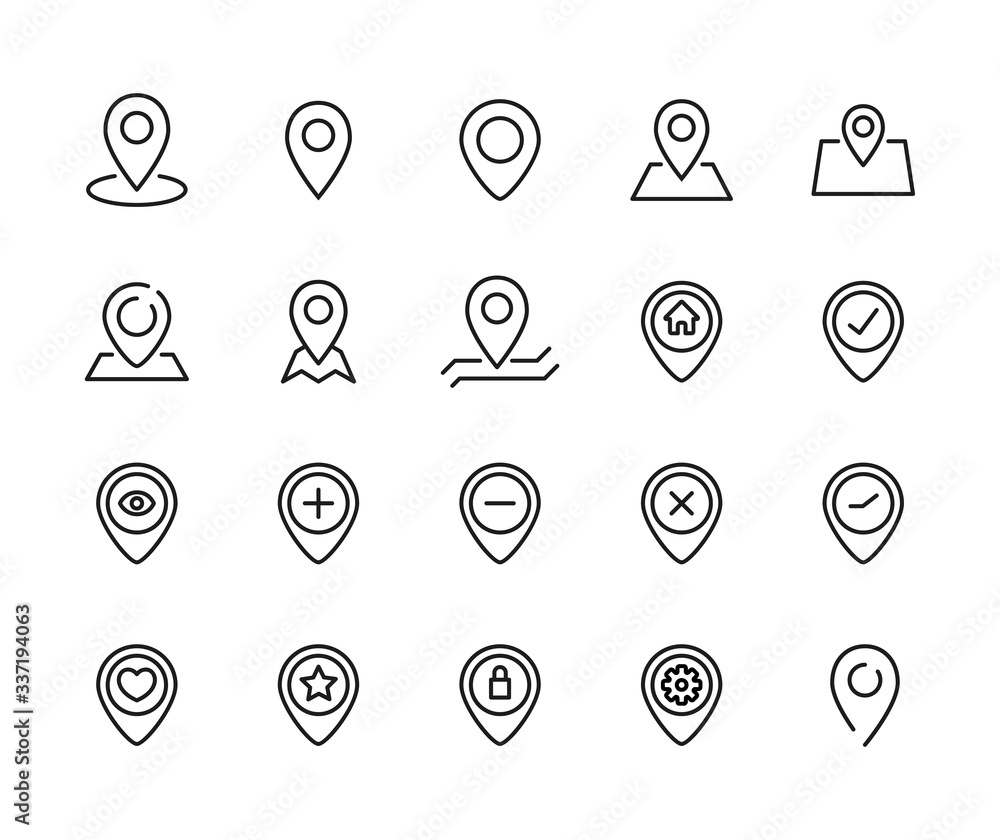 Poster simple set of map pin icons in trendy line style.