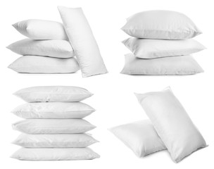 Collage of different soft pillows on white background