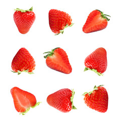 Set with delicious sweet strawberries on white background