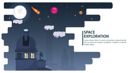 banner space Observatory telescope observes planets and stars for web and mobile sites design flat vector illustration