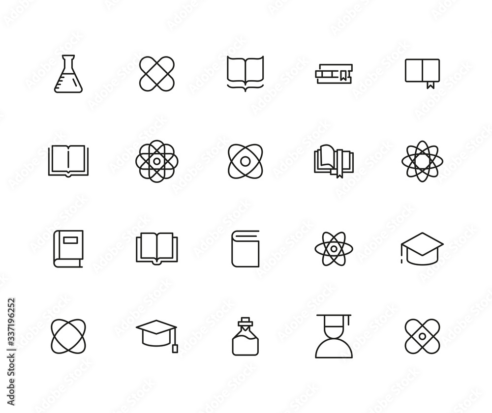 Poster stroke line icons set of science.