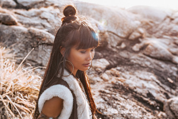 beautiful young stylish woman outdoors portrait at sunset