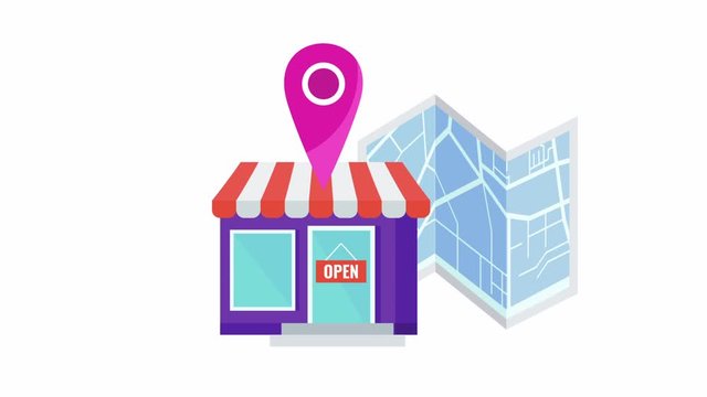 Store with pin and map animation. Icon on white background with alpha channel.