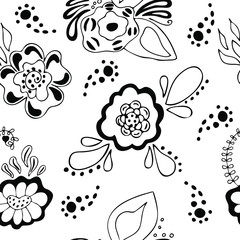 Hand drawn seamless pattern of doodle flowers. Black floral elements on white background.