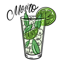 Fresh Cocktail Mojito. Flat Style. Colorful cartoon vector illustration. Isolated on white background.