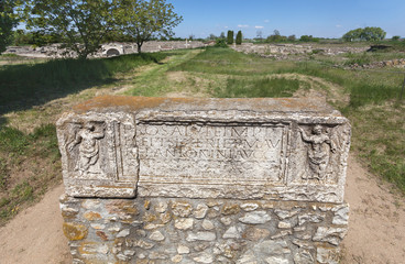 Roman inscription at the entrance in park of antique town Gorsium, Hungary