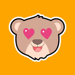 Brown bear vector sticker. Heart eyes emoticon. Cartoon bear character.