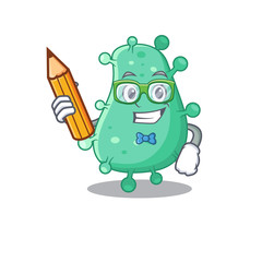 A brainy student agrobacterium tumefaciens cartoon character with pencil and glasses