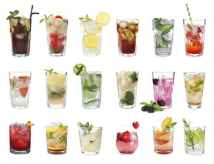 Set with different refreshing cocktails on white background