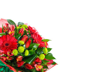 Bouquet of gerberas, tulips, bush chrysanthemums, Ruscus, alstroemeria, aspidistra on a white isolated background, side view. A holiday, a gift for a woman, mom, postcard, free space