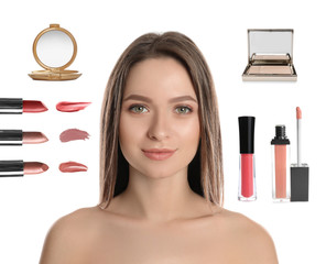 Beautiful woman and professional cosmetic products on white background. Makeup artist