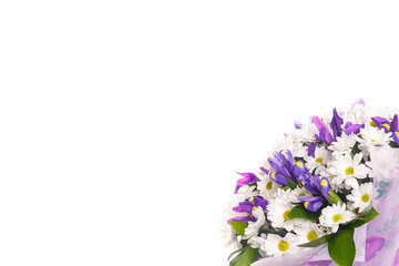 Obraz na płótnie Canvas Bouquet of flowers from white chrysanthemums, chamomiles and violet irises, russus on a white isolated background, side view. Color, contrast. A holiday, a gift for a woman, mom, postcard, free space