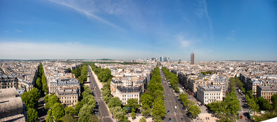 Paris Skyline. La Defense Business Area, La Grande Armee avenue. View from Arc de Triomphe.